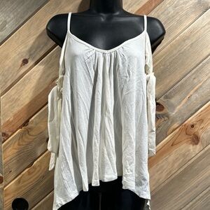 We The Free White Asymmetrical Double V-Neck Ribbon Tie Sleeve Boutique T-shirt